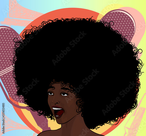 Lady singer soul music with afro hair style. Vector doodle.Suprised woman. Jazz music singer