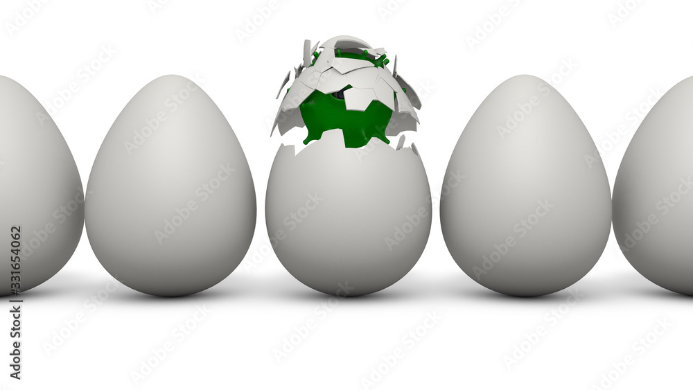 3D rendering of a row of white eggs. The Central egg burst and released a green microbe, virus, Salmonella, or coronavirus. The idea of infection. Isolated illustration on a white background. 3D rendering of a row of white eggs. The Central egg burst and released a green microbe, virus, Salmonella, or coronavirus. The idea of infection. Isolated illustration on a white background.