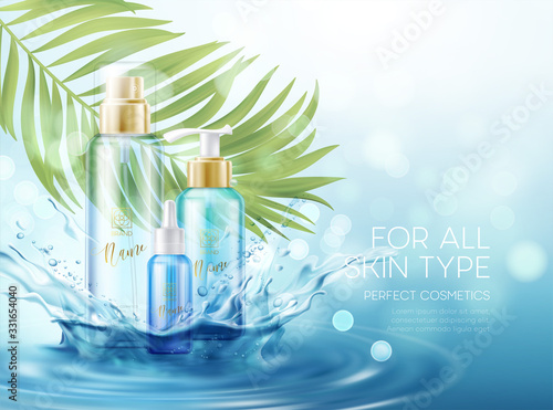 Wet skin care products with splash of water effects and palm tropical leaf on a blue background. Vector illustration