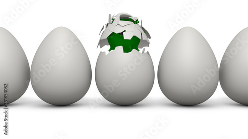 3D rendering of a row of white eggs. The Central egg burst and released a green microbe  virus  Salmonella  or coronavirus. The idea of infection. Isolated illustration on a white background.