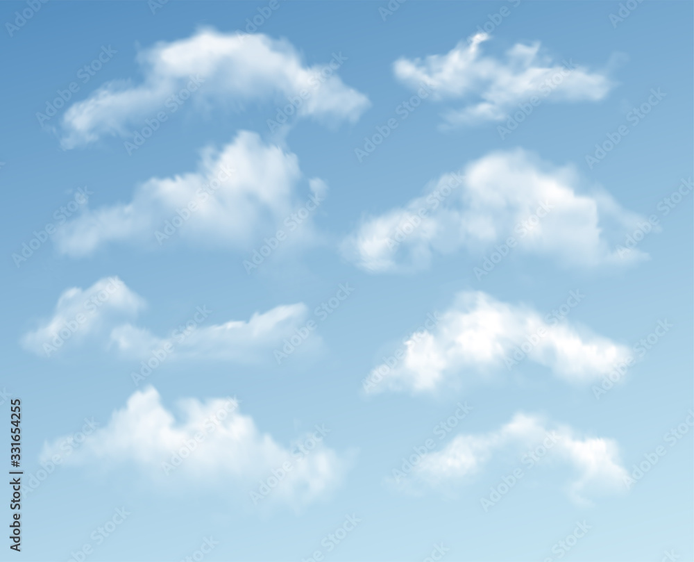 Fototapeta premium Set of transparent different clouds isolated on blue background. Real transparency effect. Vector illustration