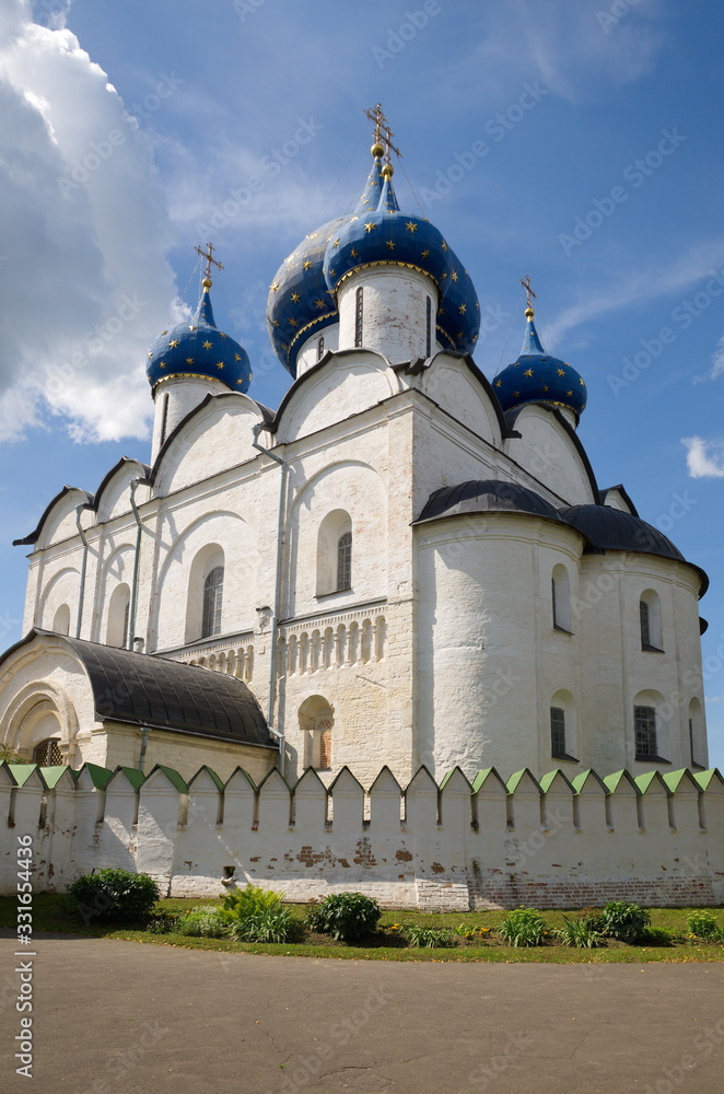 Suzdal, Russia - July 26, 2019: Cathedral of the Nativity of the blessed virgin Mary in the Suzdal Kremlin. Golden ring of Russia