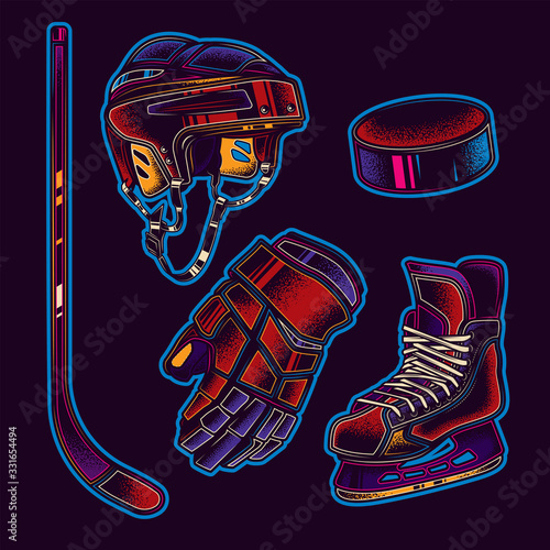 Original vector sports set in neon style. Items of the sport of hockey