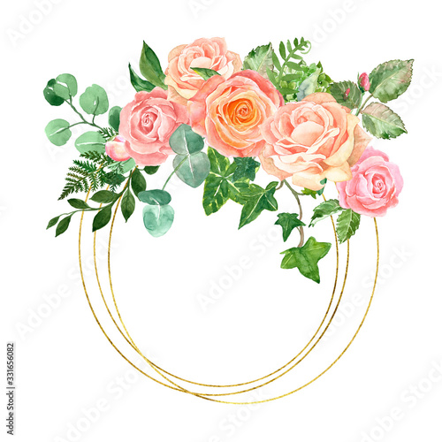 Watercolor modern floral frame template for wedding invitations and cards wit...