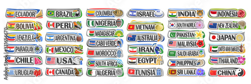 Vector set of American and Asian Countries with flags and symbols, 38 isolated horizontal labels with national state flags and brush font for different words, decorative stickers for independence day.