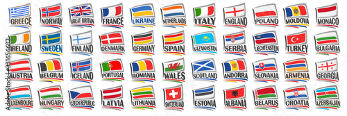 Vector set of European Countries Flags, 44 decorative isolated labels with national state flags and brush font for different words on white background, tourist stickers for european independence day.