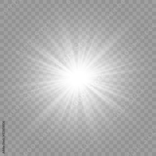 White glowing light burst explosion, transparent. Vector illustration for cool effect decoration with ray sparkles. Bright star. Transparent shine gradient glitter, bright flare. Glare texture. 