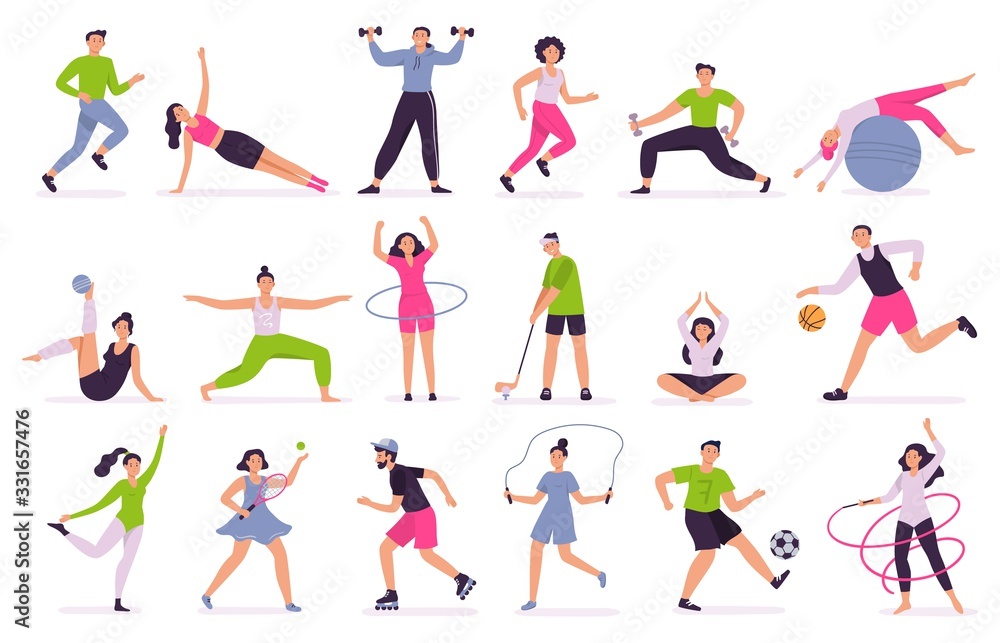 People performing sports activities. Vector illustration set. Character activity training, fitness and action, performing together