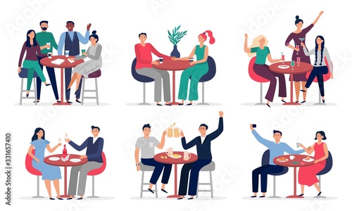 People sitting at cafe table. Couples in love on date, cafe meeting with friends vector illustration set. People in restaurant or cafe, couple talking