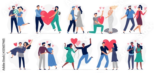 People in love. Vector illustration set. Woman and man. Relationship boy and girl, young cartoon smiling with hearts. Happy situation female and male photo