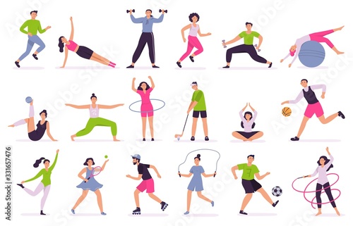 People performing sports activities. Vector illustration set. Character activity training  fitness and action  performing together