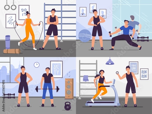 Gym coach. Vector illustration set people training. Gym coach, fitness training workout and exercise, trainer and athlete