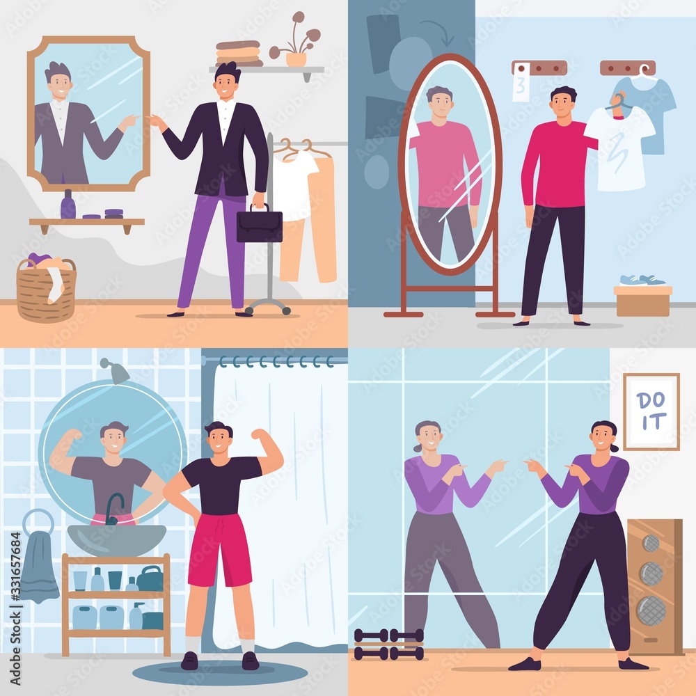 Man looking in mirror. Vector illustration set. Handsome man in gym or fitting room. Fashion glamour clothes