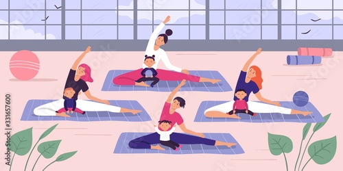 Mothers with kids yoga group. Vector illustration. Mother parent and baby doing yoga, group family relaxation for health, exercise training woman
