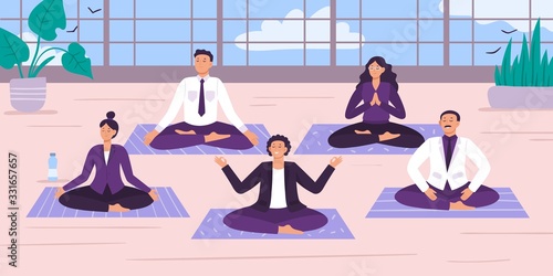 Yoga office workers. Vector illustration. Yoga worker position and meditation, office relax break, group rest and relaxing exercise