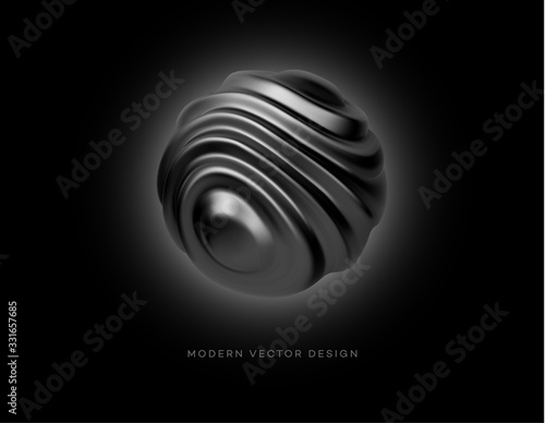 Black metal organic shape 3d sphere isolated on white background. Trend design for web pages, posters, flyers, booklets, magazine covers, presentations. Vector illustration