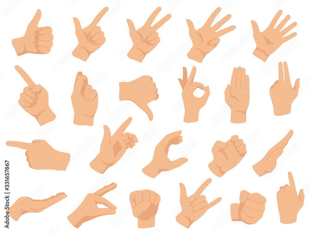 Hand gestures. Vector illustration set, counting fingers. Gesture palm, pointing hand, communication language, pose and gesturing - obrazy, fototapety, plakaty 