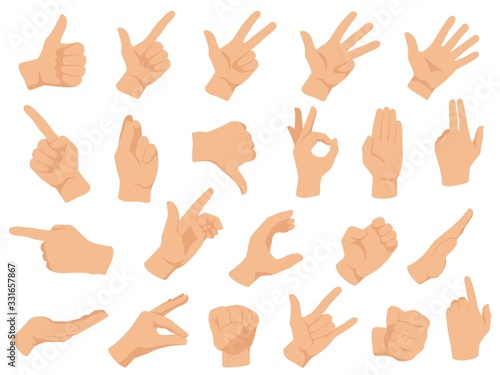 Hand gestures. Vector illustration set, counting fingers. Gesture palm, pointing hand, communication language, pose and gesturing photo