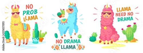 Llama poster. No drama llama and no prob llama vector illustration set. Alpaca character, lama no drama, funny and happy colored animal