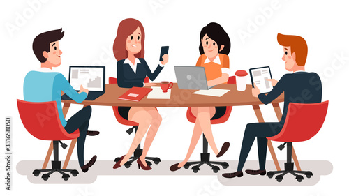 Team meeting. Business team work together, office workers workplace vector illustration. Office workplace meeting, businesswoman and coworker brainstorming