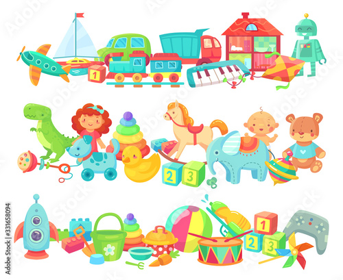 Cartoon toys dividers . Vector set of kids game for play. Child toys bear and ball, baby play funny elements illustration