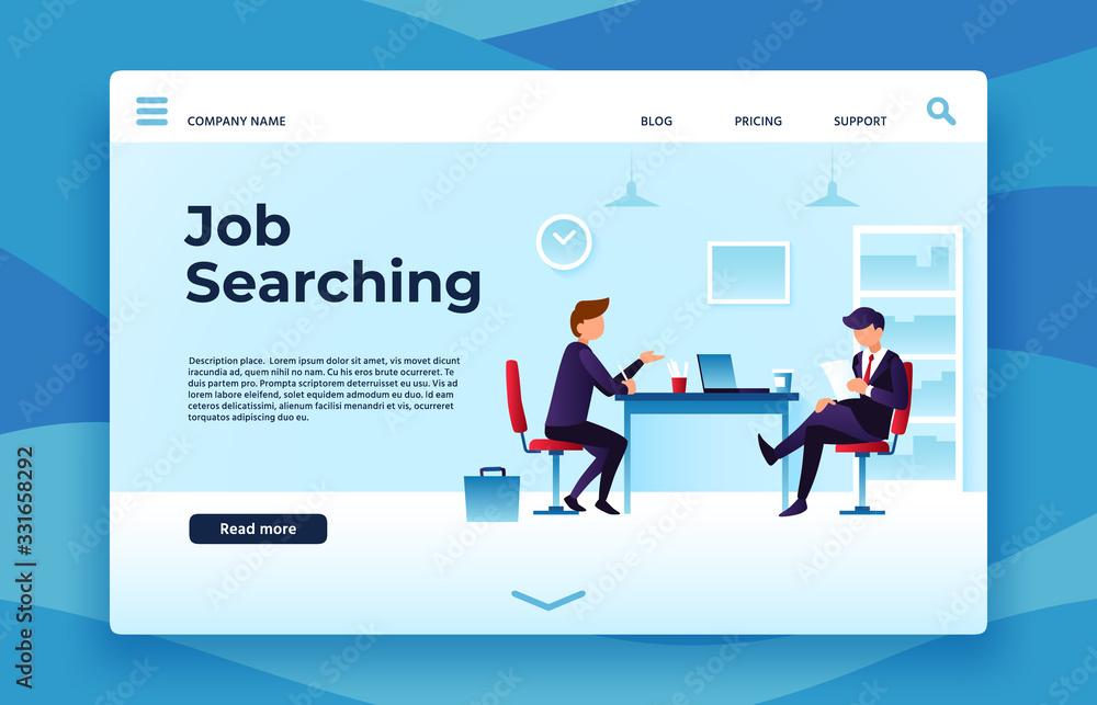 Job searching landing page. We are hiring, interview preparation vector illustration. Job employee, career recruiting, staff resource web landing banner
