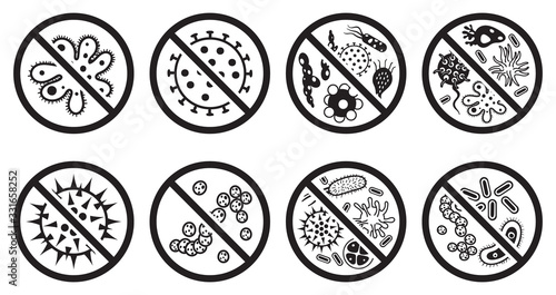 Antiviral and antibacterial icon. Vector icons set. Microorganism ban collection, black and white symbol forbidden coronavirus illustration