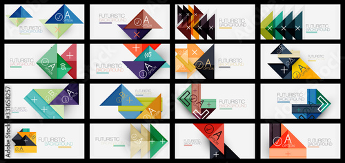 Fototapeta Naklejka Na Ścianę i Meble -  Set of abstract backgrounds, geometric business multicolored paper infographics - triangle frames for text, icons or graphics on light backgrounds with copyspace. Vector Illustrations