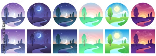 Landscape time icons. Sky and field daytime circle and square icon vector set. Landscape night and day, moon and sun, time day morning different illustration