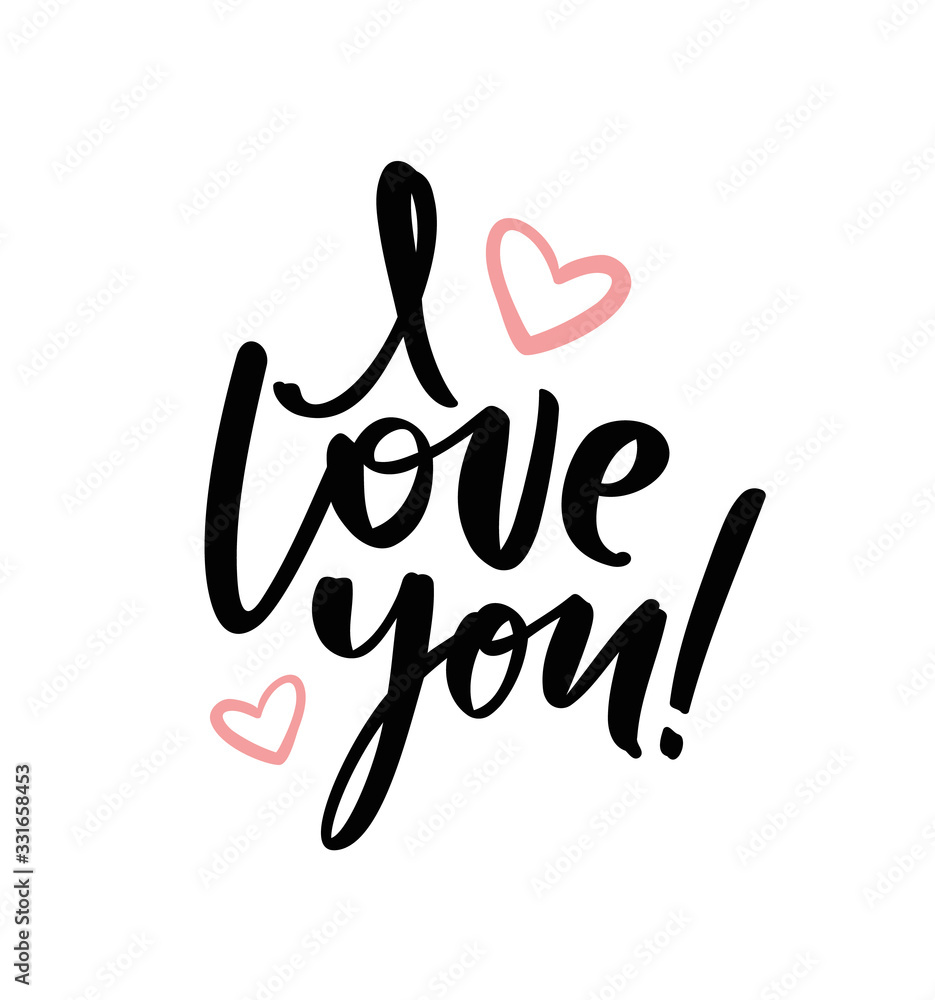 Handwritten lettering of I Love You with hand drawn hearts on white background Handwritten lettering of I Love You with hand drawn hearts on white background