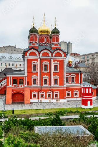 Beautiful red Christian church in the center of Moscow. Vertical.