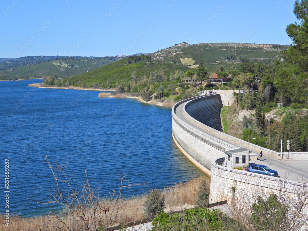 Beautiful dam of Marathon or Marathonas an artificial water reservoir of Athens, Attica, Greece