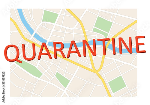 city map and word quarantine - vector illustration