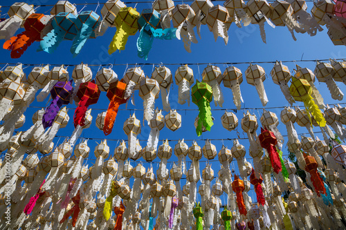 Colorful Lanna paper lanterns in Chiang Mai, Thailand.