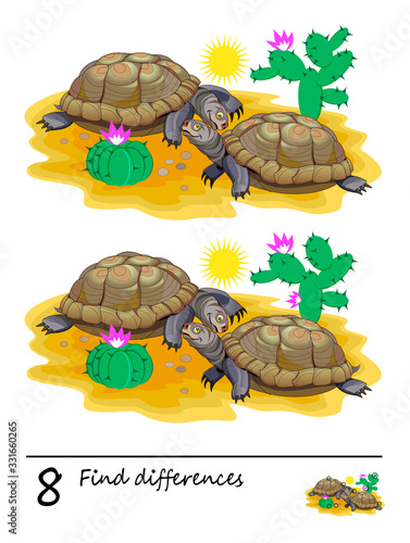 Find 8 differences. Logic puzzle game for children and adults. Printable page for kids brain teaser book. Illustration of two cute turtles in desert. Developing counting skills. IQ training test.