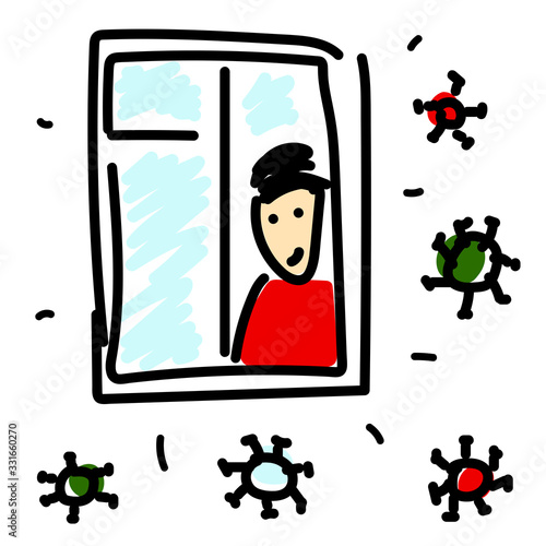 Quarantined Man. Cartoon character is looking out the window. A person defending from pandemic coronavirus. Covid-19 Quarantine 2020. Doodle sign of coronavirus. Stay at home vector stock illustration