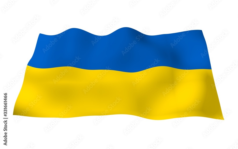The flag of Ukraine on a white background. National flag and state ensign. Blue and yellow bicolour. 3D illustration waving flag The flag of Ukraine on a white background. National flag and state ensign. Blue and yellow bicolour. 3D illustration waving flag