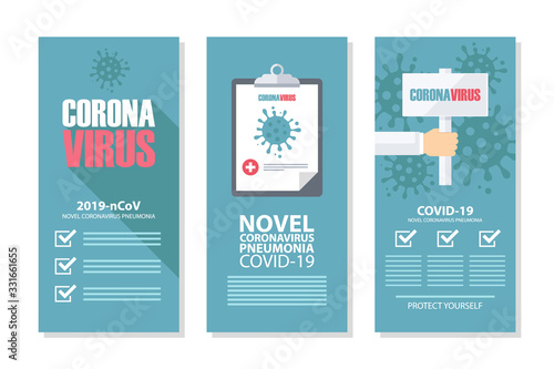 Coronavirus COVID-19 flyer templates set. 2019-nCoV deadly type of virus, pneumonia disease. No infection and stop coronavirus flyers collection. Vector illustration.