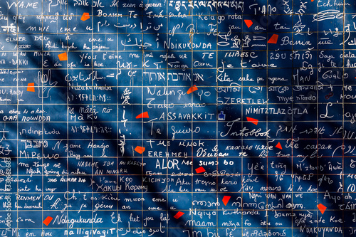 Sticker Wall in Paris with 'I love you' written in all the major international languages