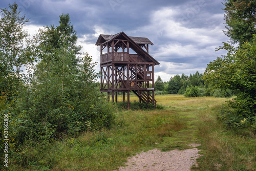 Wooden tower for tourists on a Lawki Swamp in Biebrza National Park near Stojka village, Podlasie region of Poland photo