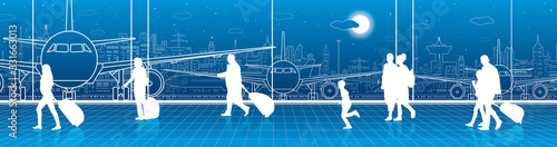 Airport terminal, aircraft on runway, airplane takeoff, aviation scene, people expect flight, transportation infrastructure on background, vector design art