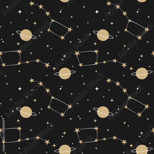 cute lovely white and gold seamless vector pattern illustration with constellation and planets on black background