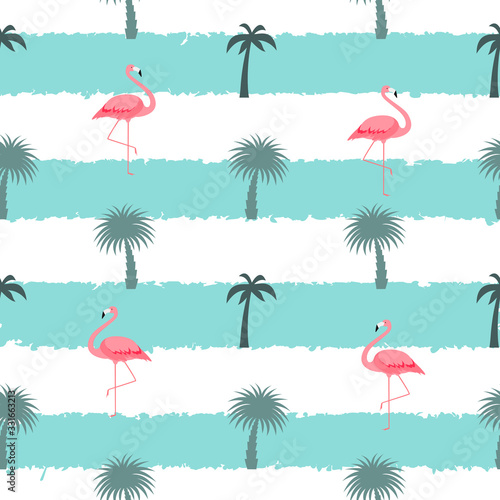 Palm Leaf and with Cartoon Pink Flamingo. Seamless Pattern Background. Vector Illustration