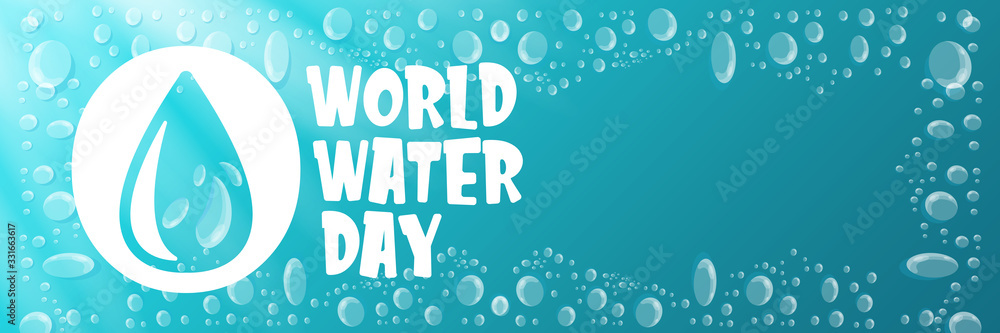 World water day horizontal banner design template. 22 march International water day concept horizontal vector illustration with text and water bubbles on blue water background. World water day horizontal banner design template. 22 march International water day concept horizontal vector illustration with text and water bubbles on blue water background.