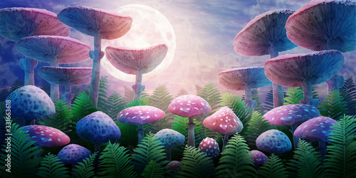 fantastic wonderland landscape with mushrooms and moon. illustration to the fairy tale "Alice in Wonderland"