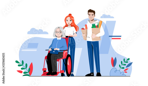 Concept Of Elderly People Help. Senior Woman In Wheelchair With Caring Volunteers Outdoor. Young People Take Care Of Woman. Support Of Old Aged People. Cartoon Linear Outline Flat Vector Illustration