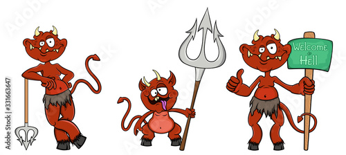  Set of cartoon devils with tridents and the inscription welcome to hell. Each character on a separate layer. Isolated on a white background. Vector stock illustration.