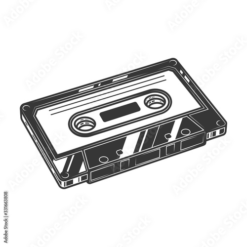 Original outline illustration in retro audio cassette style on white and black background