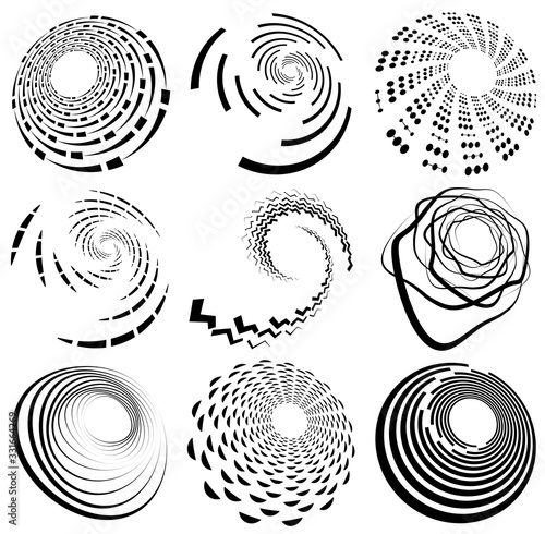 Set of black and white vortex, volute shapes. Twisted helix elements