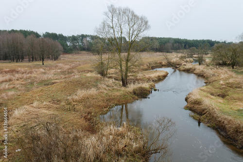 small dammed meandering forest river in autumn